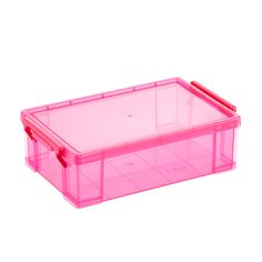 a pink plastic storage box on a white background