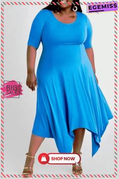 Sky Blue Fashion Casual Plus Size Solid O Neck Irregular Dress Blue High-low Hem Midi Dress For Spring, Blue Midi Dress With High-low Hem For Spring, Casual Blue Asymmetrical Dress For Summer, Casual Blue Handkerchief Hem Dress, Blue Asymmetrical Dress With Asymmetrical Hem For Summer, Blue High-low Hem Asymmetrical Summer Dress, Casual Blue Asymmetrical Dress, Solid Stretch Midi Dress With Asymmetrical Hem, Blue Stretch Dress With Asymmetrical Hem