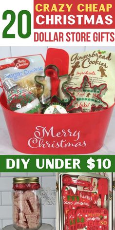 text reads, "20 crazy cheap Christmas dollar store gifts", collage of Dollar Tree Christmas gifts Christmas Gift Ideas Under 10, Dollar Tree Christmas Gift Ideas, Cheap Christmas Gift Ideas, Family Gift Baskets, Easy Diy Christmas Gifts, Christmas Gifts To Make, Merry Christmas Diy