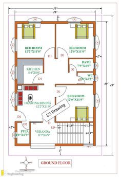 the floor plan for a small house with three bedroom and two bathrooms in each room