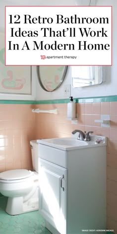 a bathroom with pink and green tile on the floor, white toilet and sink in it