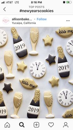 decorated cookies with champagne and clock for new year's eve