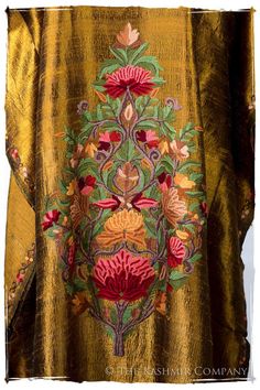 Française Amoureuse de Avéline Gold Silk Robe — Seasons by The Kashmir Company Spring Festive Silk Kimono, Silk Kimono For Spring Festivals, Silk Embroidered Evening Kaftan, Embroidered Silk Kaftan With Kimono Sleeves, Silk Embroidered Kaftan With Kimono Sleeves, Silk Kimono With Floral Embroidery, Elegant Embroidered Silk Kimono, Bohemian Silk Kaftan For Wedding, Silk Bohemian Kaftan For Wedding