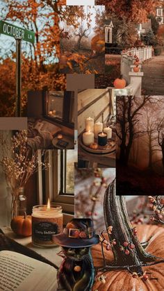 a collage of photos with pumpkins, candles and other things in the background