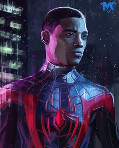 a man in a spider - man suit is looking into the distance with city lights behind him