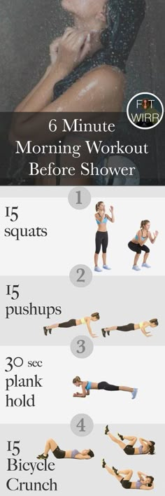 the six minute morning workout before shower is shown in this graphic style, and shows how to