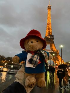 a teddy bear wearing a red hat and scarf in front of the eiffel tower