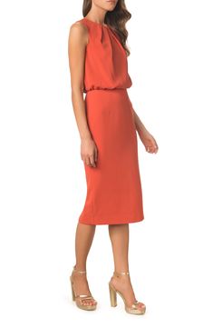 A smooth sheath dress is imbued with a flattering gather at the waist and a hint of stretch in its fabric for easy movement. 42 1/2'' length (size Small) Back zip closure Jewel neck Sleeveless Lined 95% polyester, 5% spandex Machine wash, dry flat Imported Women's Clothing Elegant Knee-length Dress With Gathered Waist, Chic Dress With Gathered Straight Neckline, Draped Dresses With Flattering Silhouette, Flattering Knee-length Midi Dress With Pleated Waist, Flattering Midi Dress With Pleated Waist, Midi Length Elastane Dress With Ruched Back, Chic Dresses With Gathered Waist For Work, Chic Workwear Dresses With Gathered Waist, Sheath Midi Dress With Pleated Back For Work