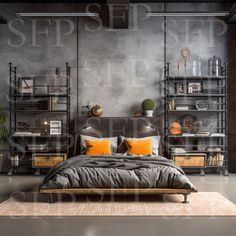 an industrial bedroom with grey walls and orange pillows on the bed in front of it