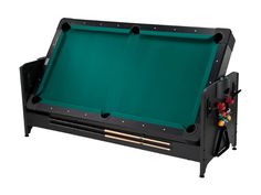 a pool table with green cloth and gold trimmings on the bottom edge, in front of a white background