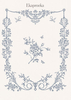 an ornate frame with flowers and butterflies in blue ink on white paper, which reads elkoroka