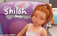 a cartoon girl with red hair standing in front of a purple chair that says, shiloh hair