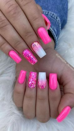 Pink Summer Nails, Nails With Glitter, Nails Dip, Nails Gold, Nails Easy, White Nail, Short Acrylic Nails Designs, Pink Acrylic Nails, Beach Nails