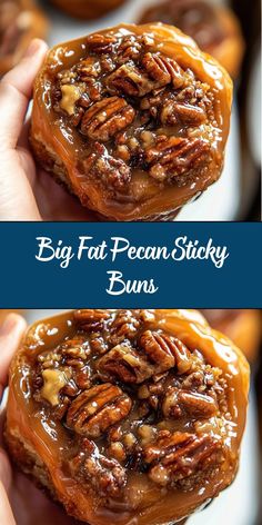 pecan sticky buns with caramel drizzle and pecans on top