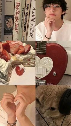 the collage shows four different pictures with one person holding a guitar and two strawberry slices in front of them