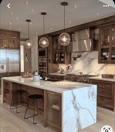 a large kitchen with marble counter tops and wooden cabinets, along with two bar stools