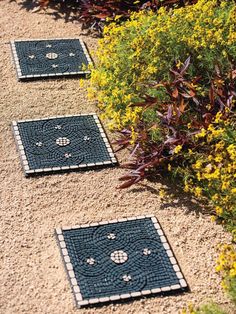 three black and white tiles on the ground in front of some bushes with yellow flowers