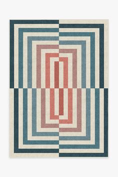 an abstract rug with red, white and blue squares in the shape of rectangles