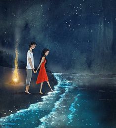 two people standing on the edge of a body of water at night, holding hands