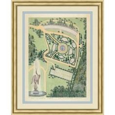 an aerial view of a park with a fountain and trees in the foreground, framed print