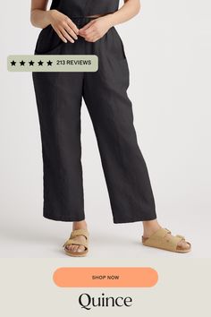 Whether you're heading to the office, out for brunch with friends, or lounging at home, the 100% European Linen Tapered Ankle Pant is the perfect choice. Made from high-quality sustainability grown linen, these pants are lightweight, breathable, and oh-so-comfortable. The tapered design flatters your figure and elongates your legs, creating a slimming effect that is both stylish and flattering. The pants are versatile enough to be paired with anything from a basic tee to a dressy blouse, making them the perfect closet staple. Looking for our original Linen Pant? Check it out here.  | Quince | Women's 100% European Linen Tapered Ankle Pants in Black, Size XS Summer Linen Pants, Silk Tee, Dressy Blouse, Linen Tank, Summer Linen, Wide Leg Linen Pants, Silk Pajamas, Leather Biker Jacket, European Linens