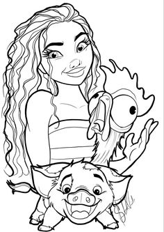 a girl holding a baby pig and an adult pig in her arms coloring page for kids