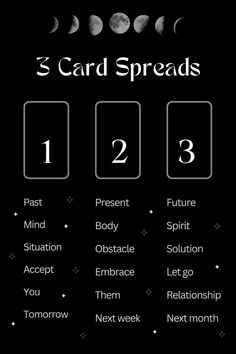 three card spreads with the moon in the background and numbers on each side, which are numbered