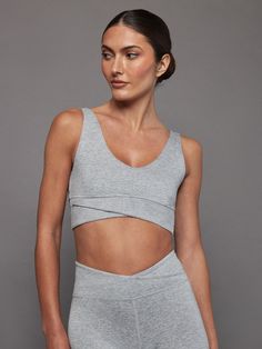 Wrap Bra in Heather Melt - Silver Heather V-neck Elastane Activewear For Workout, Athleisure Seamless V-neck Activewear, Sporty V-neck Activewear, Sporty V-neck Loungewear Activewear, V-neck Yoga Activewear In Athleisure Style, V-neck Athleisure Activewear For Yoga, V-neck Athleisure Yoga Activewear, V-neck Stretch Activewear With Light Support, Athleisure V-neck Activewear With Light Support