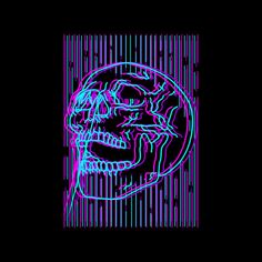 a drawing of a skull in blue and pink on a black background with vertical lines