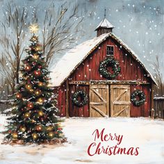 A red barn adorned with wreaths on its doors is pictured in a snowy landscape, while a Christmas tree aglow with lights sits in the foreground. Snowflakes gently fall, accompanied by a festive Merry Christmas message from the 10 x 10 Merry Christmas Red Barn Sign TTE-060 displayed at the bottom. Barn Watercolor, Christmas Barn, Barn Signs, Automobile Advertising, Barn Painting, Summer Christmas, Christmas Painting, Clipart Christmas, Trendy Tree