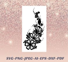 the flower stencil is shown in black and white, with sparkles behind it