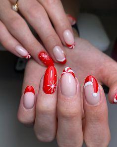 With a fun mix of red French tips, peppermint swirls, and a Santa hat accent, these nails bring a playful holiday spirit to your hands. The medium length and round shape make this style both practical and festive. This cheerful design is perfect for anyone who loves Christmas-inspired nail art with a twist. For an added touch, use glitter accents to make the look pop. Christmas Santa Nails, Round Christmas Nails, Peppermint Tip Nails, Hoilday Nails, Santa Nail Art, Santa Hat Nails, Christmas Toes, Santa Nails, Long Stiletto Nails