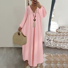 Fashion Women Long Sleeve Maxi Dress Crochet Lace Stitching V Neck Party Casual Loose Long Dress Plus Size Kaftan Bohemian Crochet Dress With V-neck, Pink Bohemian Crochet Dress, Floor-length Crochet Summer Dress, Long Sleeve Pink Crochet Dress For Spring, Pink Long Sleeve Crochet Dress For Spring, Casual Cotton Dress, Ruffle Long Dress, Long Dress Plus Size, Loose Maxi Dress