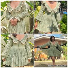 four pictures of a woman wearing a green crocheted dress with ruffles