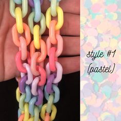 "Pastel rainbow chunky chain choker! Plastic link choker necklace is about 18\" long. The links are about 1/2\" wide. You can shorten it by removing links. New - metal keychain / lobster clasp style hook closure. No more snapping links together to open or close your necklace. Lightweight and super cute! MINI rainbow chain choker necklace available here: https://www.etsy.com/listing/995716391/rainbow-choker-kawaii-mini-plastic-chain GLOW IN THE DARK pastel chain chokers available here: https://ww Sandy Kim, Chain Chokers, Dark Pastel, Rainbow Choker, Chunky Chain Necklace, Chunky Chain Necklaces, Metal Keychain, Metal Chain Link, Chain Choker Necklace