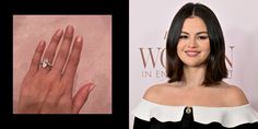 an image of a woman's hand with a diamond ring on it and another photo of her engagement ring