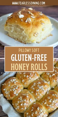 the recipe for gluten - free honey rolls is shown on a white plate