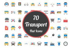 the words transport flat icons are shown in different colors and sizes on a white background