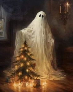 a ghost standing next to a christmas tree