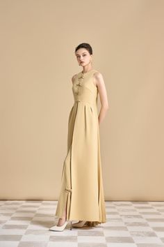 Amaryllis Straight Side Slit Polyester Ankle Length Pants - MEAN BLVD Wide Leg Pant Suit, Mother Of The Bride Dresses Long, Mean Blvd, Girls Frock Design, Yellow Beige, Ankle Length Dress, Frock Design, Ankle Length Pants, Bride Dresses