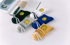 Fun vintage inspired smiley gym socks! Trendy Cotton Sports Socks, Sporty Yellow Cotton Socks, Mens Striped Socks, Gym Socks, Korean Fashion Shorts, Socks Gym, Blue Yellow Grey, Short Ankle Boots, Red Dates