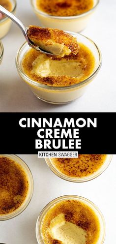 cinnamon creme brule in small glass bowls with spoons on the top and bottom