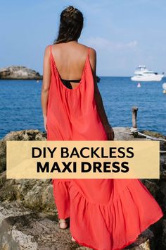 a woman in an orange dress looking out at the ocean with text overlay that reads diy backless midi dress