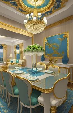 a fancy dining room with blue and gold decor