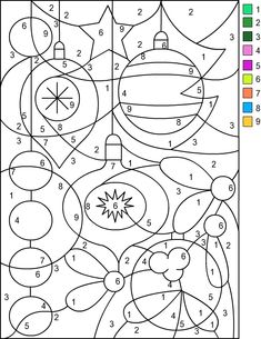 a coloring page with numbers and shapes for children to color, including an ornament