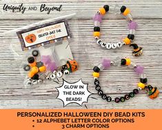 These Halloween Bead Kits are the cutest for your little crafters! These kits are perfect for Halloween Party favors, a great substitution for candy, and birthday gifts! Please READ the following carefully. EACH KIT CONTAINS THE FOLLOWING: Orange, Black, and Glow in the Dark Pony Beads and Glow in the Dark Purple Star Beads, and one glitter star bead metallic bead spacers Elastic Beading Cord Halloween charm with Jump ring SEVERAL ALPHABET LETTER COLOR OPTIONS! Easy to order! 1.) Select Alphabet Customizable Novelty Craft Supplies For Birthday, Novelty Black Craft Supplies Gift, Adjustable Bracelets For Halloween Party, Customized Beaded Bracelets For Halloween Gift, Name Bracelet Diy, Personalized Beaded Bracelets For Halloween, Halloween Party Beaded Bracelets, Personalized Halloween Beaded Bracelets, Cheap Halloween Themed Beaded Bracelets