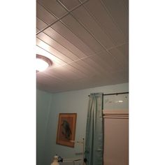 a bathroom with a painting on the ceiling