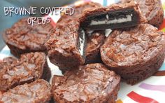 chocolate brownie covered oreos on a colorful plate