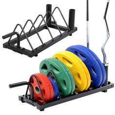 a rack with four different colored wheels and one black holder for each wheel on it