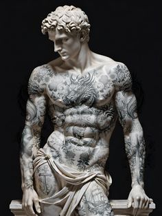 a statue of a man with tattoos on it's chest and arms, sitting in front of a black background